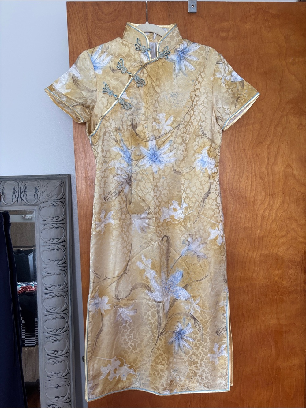 Gold Floral Satin Mini Cheongsam Dress
